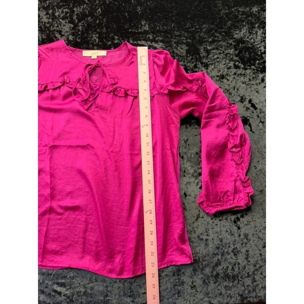 LOFT Women's XS Hot Pink Ruffle Sleeve Tie Neck Keyhole Blouse Long Sleeve - Picture 9 of 10